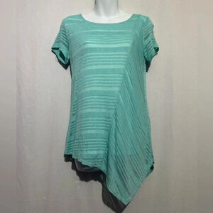 AB Studio Geometric Striped Blouse | Tiffany Blue | Size Medium